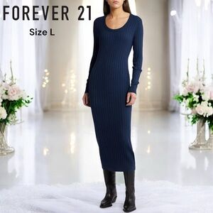 Forever 21 Navy Ribbed Long Sleeve Midi Sheath Dress